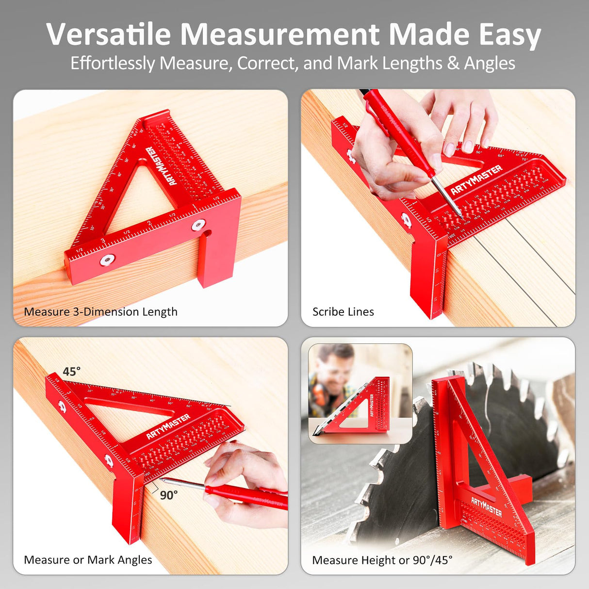 3.8"Mini 3D Multi-Angle Measuring Square Ruler, WT102A High Precision Hole Scribing Woodworking Tools, 0-90° Aluminum Alloy Carpenter Square Wood Working Tools, Carpenter Pencils 6 Refills. ArtyMaster