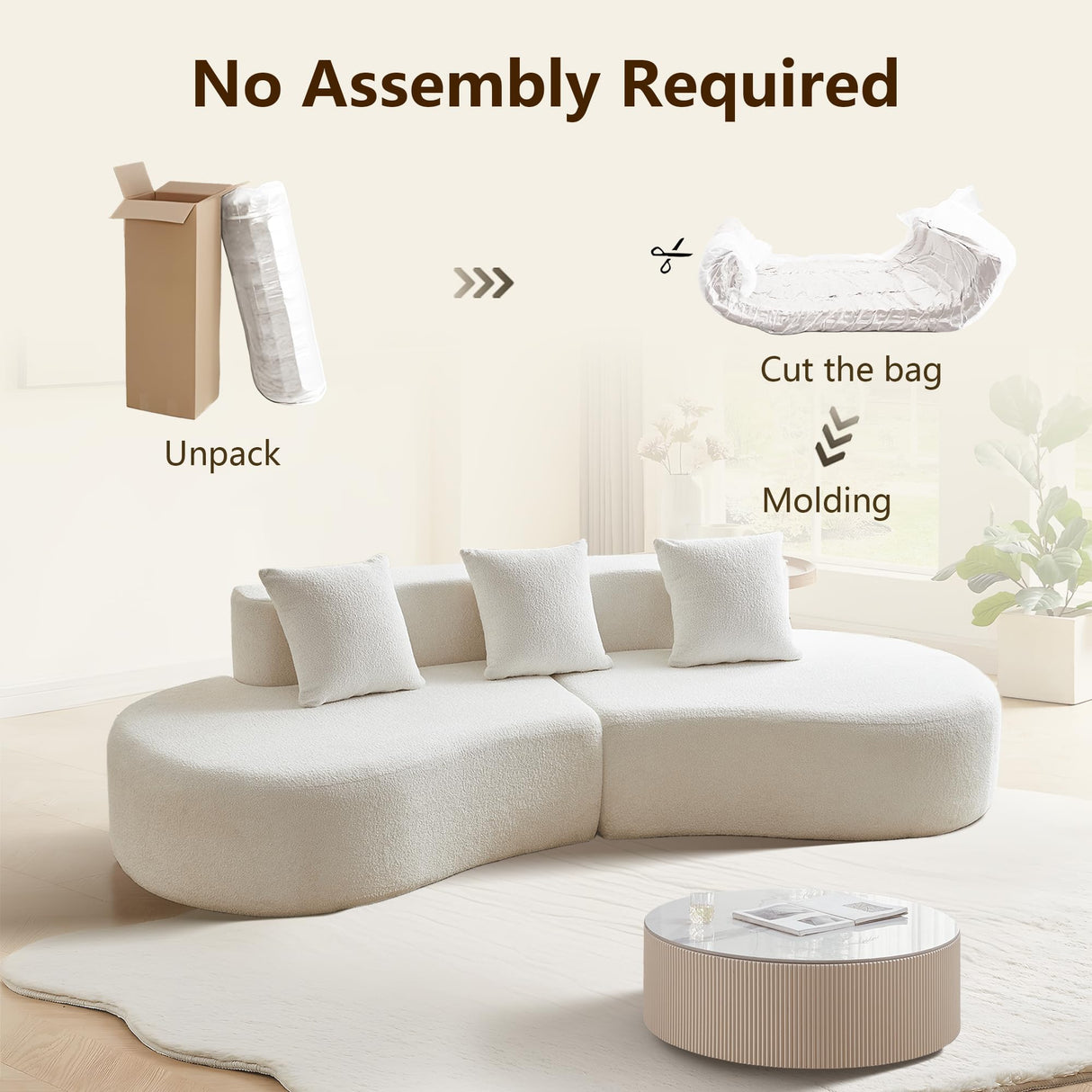 BAMOOLI 109'' Curved Couch, Mid Century Modern Half Moon Sofa, Luxury 3-Seat Couch with High-Density Foam Filled, Raindrop Velvet Fabric Sectional Sofa for Living Room, Apartment, Office, White BAMOOLI