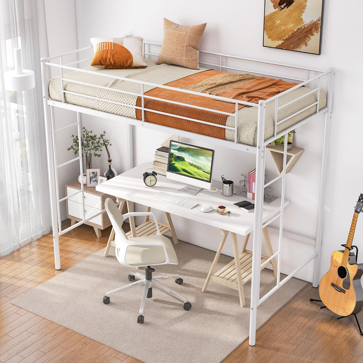 Giantex Metal Loft Bed Twin Size, Heavy Duty Metal Loft Bed Frame with Dual Ladders & Safety Guardrail, No Box Spring Needed, Space-Saving Loft Bed for Juniors Teens Adults (White) Giantex