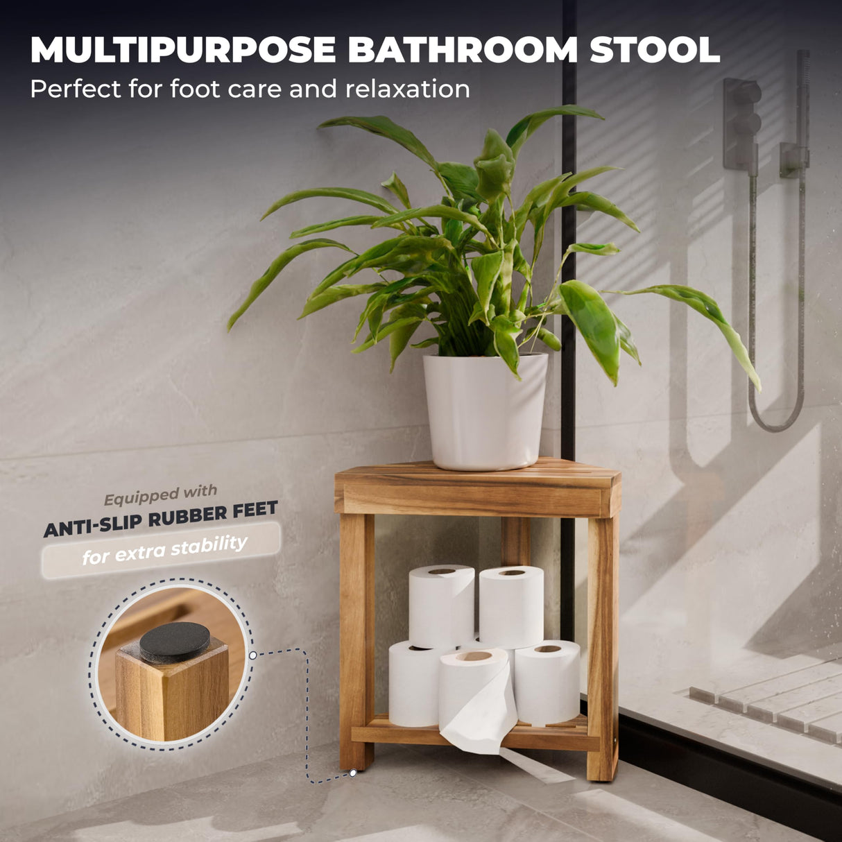 BLUEWEST Shower Foot Rest, Corner Shower Stool, Wooden Shower Foot Stool for Shaving Legs Inside Shower, Waterproof Shower Foot Rest with Storage Shelf for Small Shower Space, Shower Seats and Benches BLUEWEST