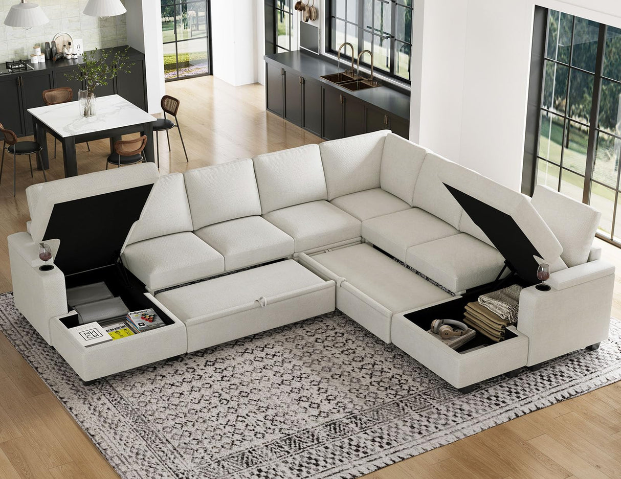 Belffin Oversized Sleeper Sofa U Shaped Modular Sectional Couch with Double Storage Chaise Convertible Sofa Bed. White Couch Belffin