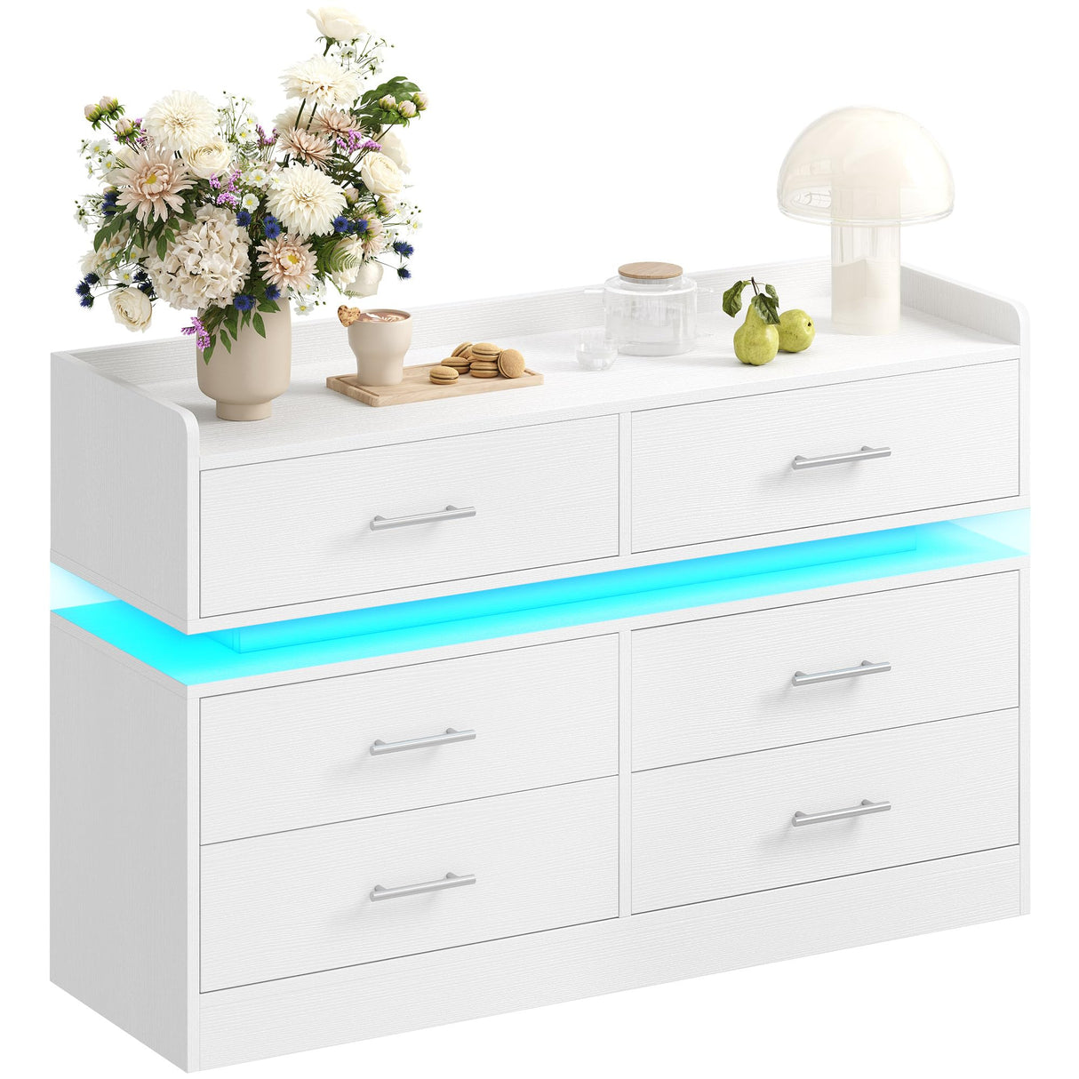 DWVO 6 Drawer Dresser with LED Light, Modern Dresser Chest of Drawers for Closet, Wide Drawer Organizer Cabinet with Top Storage Shelf, White DWVO