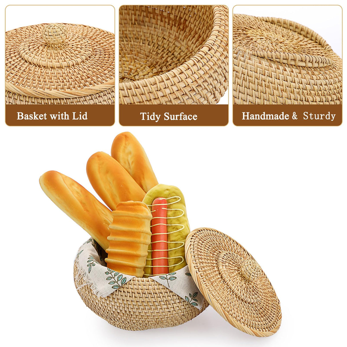 Hipiwe Round Rattan Boxes with Lid Natural Woven Storage Basket Bin Multi-Purpose Wicker Tray Weaving Decorative Shelf Basket Farmhouse Picnic Food Bread Fruit Table Storage Basket Hipiwe