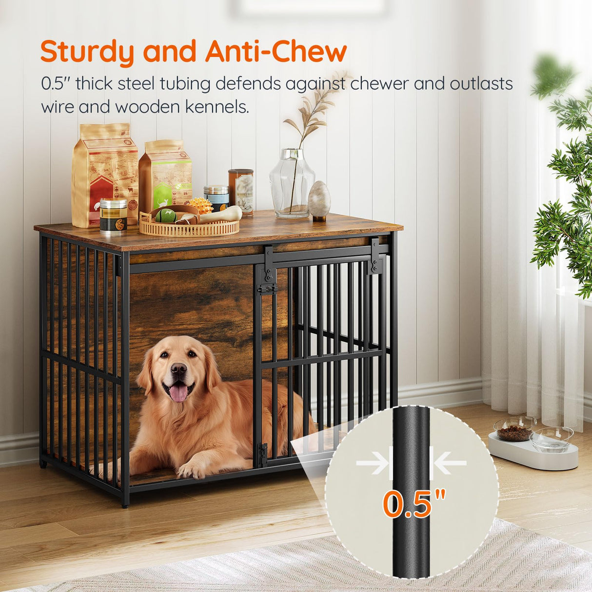 HOOBRO Dog Crate Furniture, 36.6" Heavy Duty Dog Kennel with Sliding Barn Door, Wooden Dog Cage Indoor, Decorative Side End Table for Small/Medium Dogs, Rustic Brown and Black FG162GW03G1 HOOBRO
