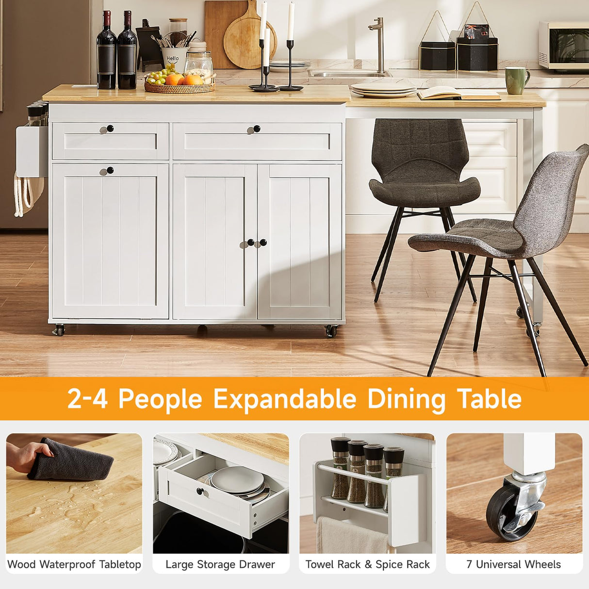 ONBRILL Kitchen Islands with Extendable Dining Table, 81.7" Mobile Kitchen Storage Islands, Rolling Kitchen Cart with Trash Cabinet, Power Outlet, Spice Rack & Towel Rack (White) ONBRILL