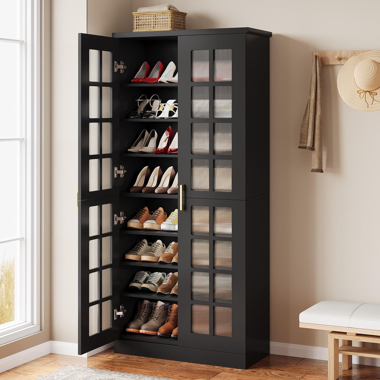 Tribesigns 71-Inch Tall Shoe Cabinet with Doors, 8-Tier Shoe Storage Cabinet with Adjustable Shelves, Modern Shoe Organizer Shoe Rack Cabinet for Entryway, Hallway, Closet, Living Room, Black and Gold Tribesigns