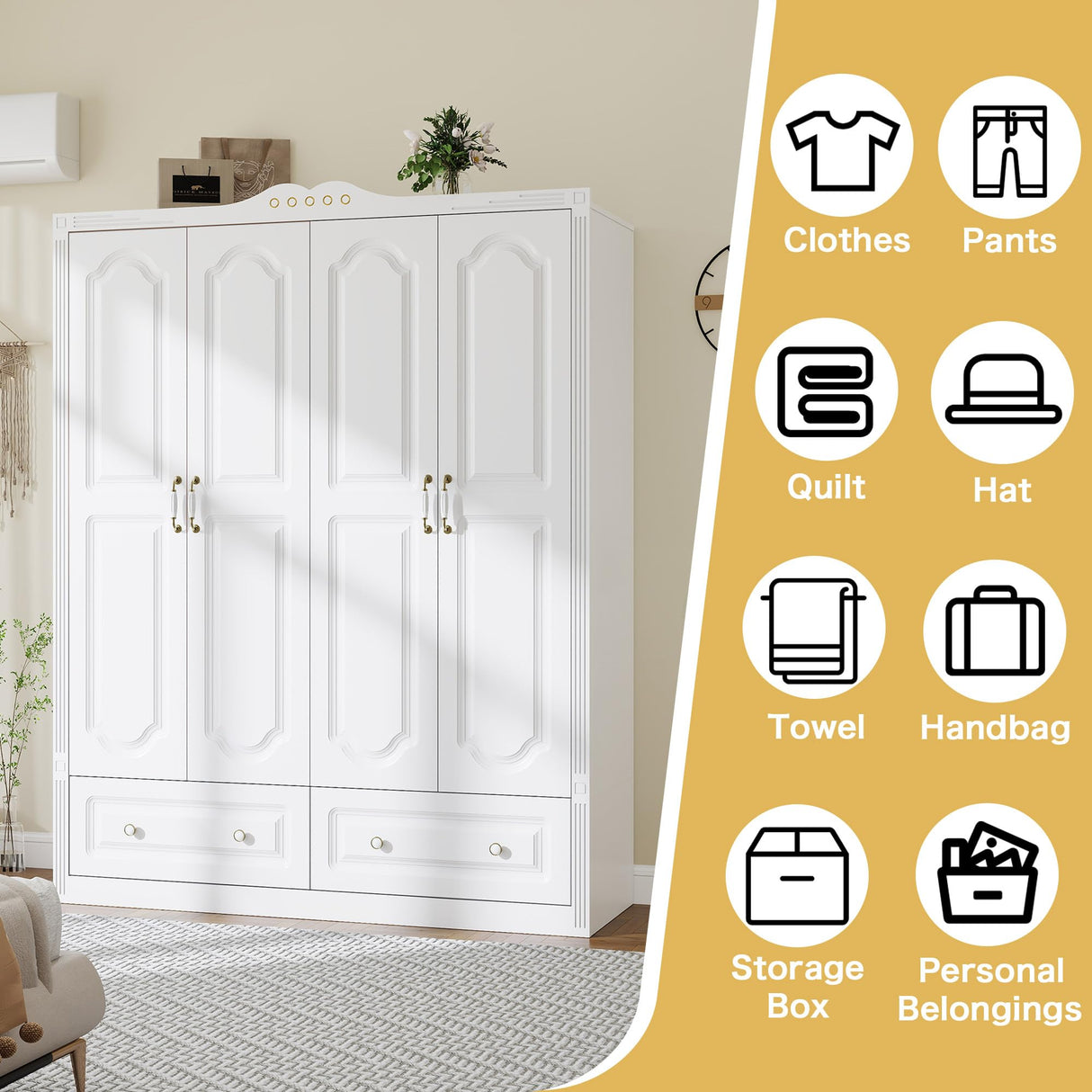 LABROSKIA White Armoire Wardrobe Closet with Drawers: 74" Large Wardrobe Closet with 4 Doors and 2 Drawers, Bedroom Armoires with Hanging Rod, Wooden Armoire Closets for Hanging Clothes (White, 59") LABROSKIA
