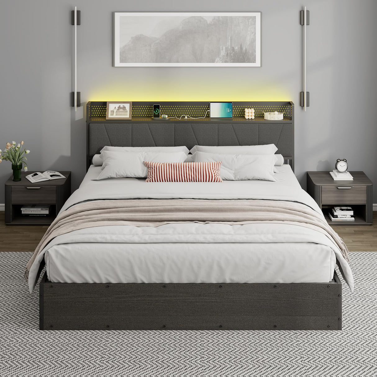 Albott King Size Lift Up Storage Bed Frame, Modern RGB LED Light Platform Bed Frame with Charging Station/Linen Upholstered Headboard/No Box Spring Needed, Black Albott