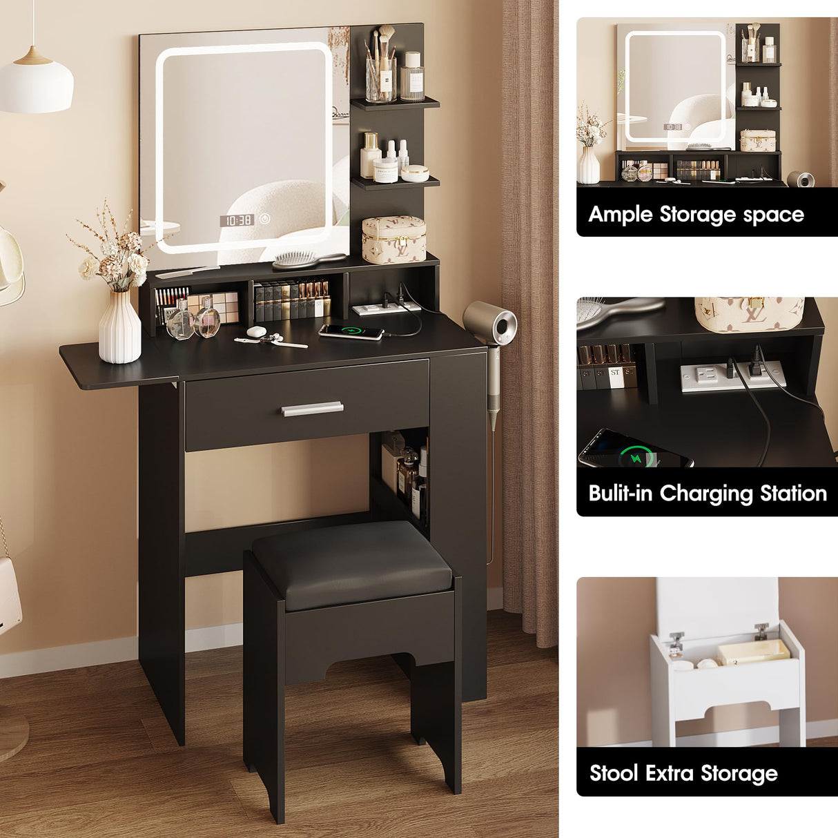 Vabches Makeup Vanity with Mirror and Lights, Small Vanity Desk with with Drawer Lots Storage, Vanity Set with Storage Drawer, Chair and Three Shelves, Black Vabches