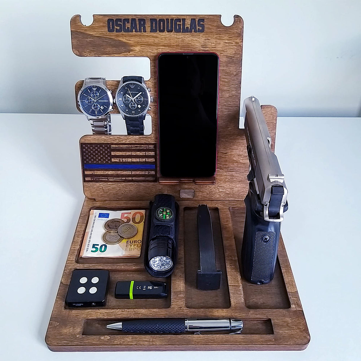 Personalized Wood Phone Docking Station Gun Key Holder Wallet Stand Watch Organizer Men Gift Husband Wife Anniversary Dad Birthday Nightstand Purse Father Graduation Gift Male Travel Idea Gadgets Generic