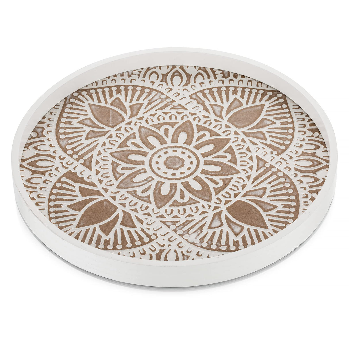 Hanobe Decorative Serving Tray Round: Farmhouse Coffee Table Tray for Ottoman Boho Wooden Centerpiece Rustic White Washed Mandala Home Decor Living Dining Room Kitchen Counter Display Hanobe