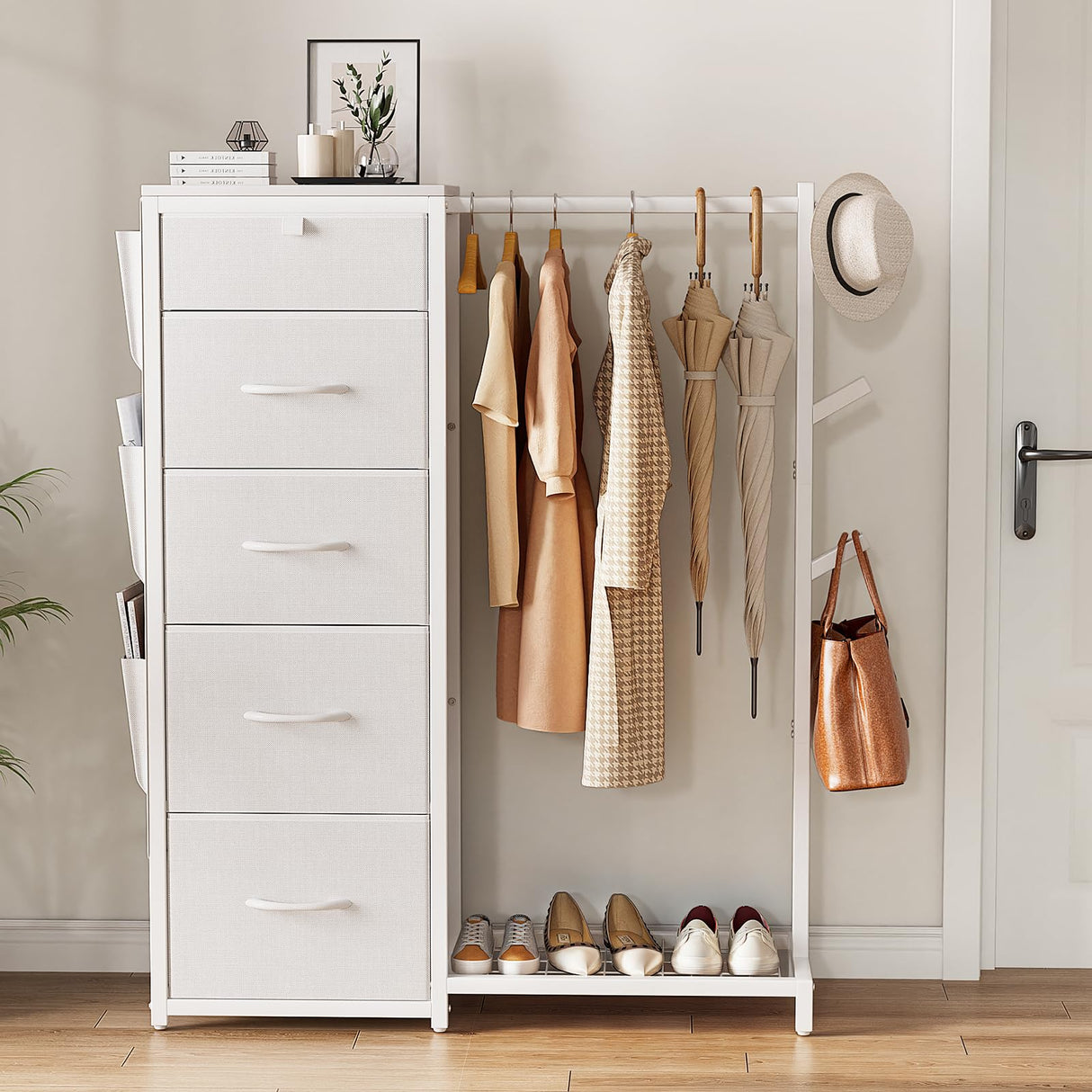 Luxspire Dresser with Hanging Rack, Reversible Dresser for Bedroom with 5 Fabric Drawers & 3 Coat Racks & Side Pockets Small Dressers with Clothes Racks, White Luxspire