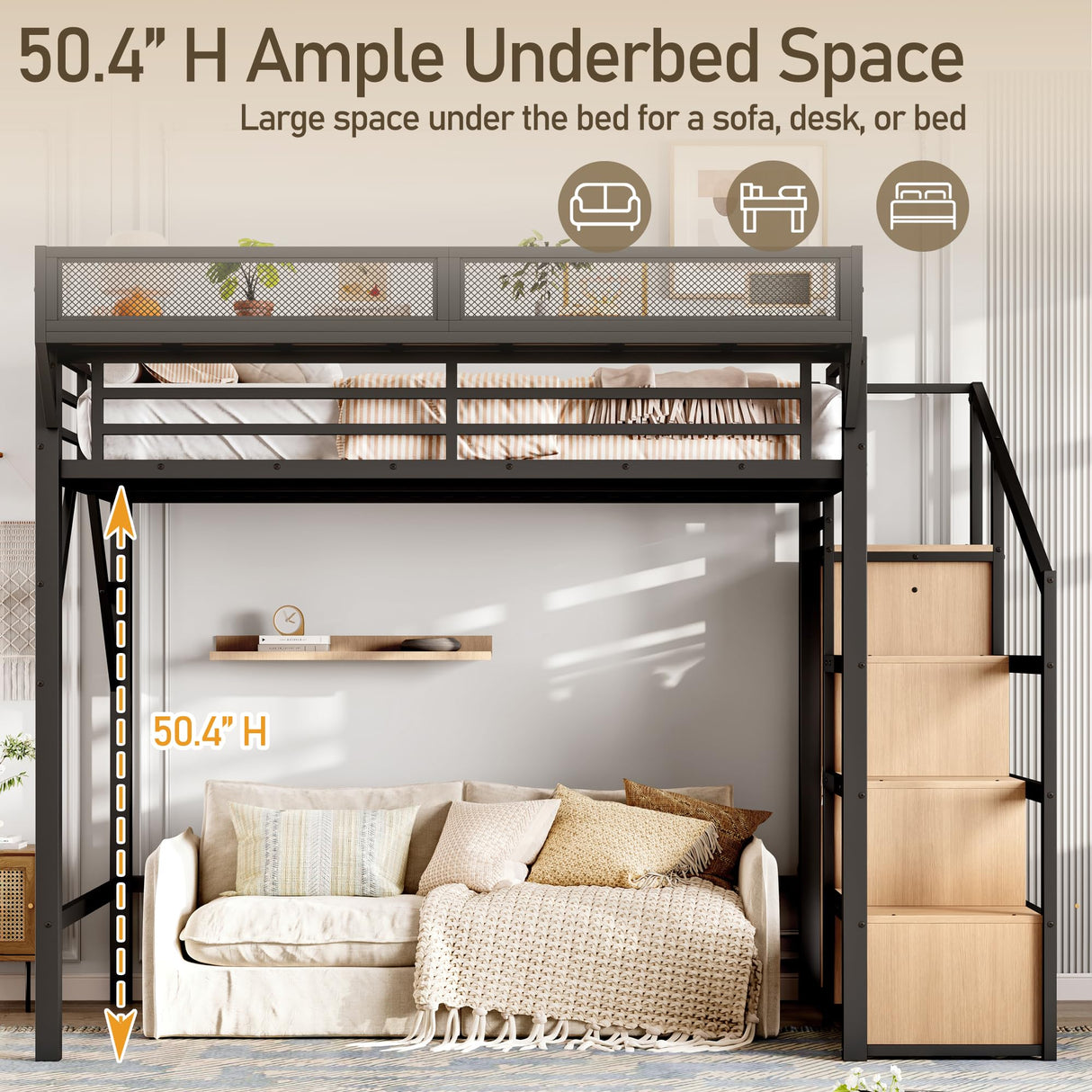 Bellemave Twin XL Loft Bed Frame with Storage Stairs, Beside Shelf & Wardrobe, Metal Loft Bed Twin XL with USB Ports & LED Light, Large Under-Bed Space Loft Beds for Adults, Teens, Kids, Black Natural Bellemave