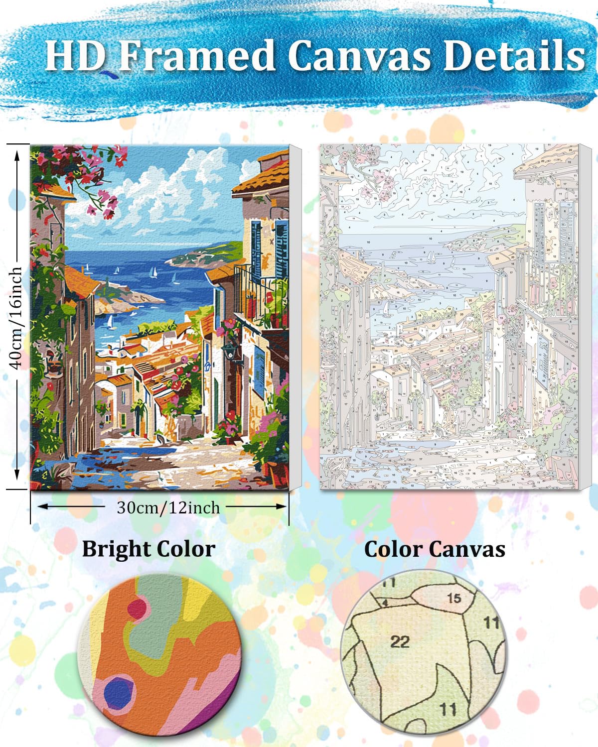 TOCARE Framed Paint by Numbers Kit for Adults, 12x16Inch Mediterranean Paint by Numbers with Frame, Greece Paint by Number Framed Canvas Nature Scenery(Without Easel) TOCARE