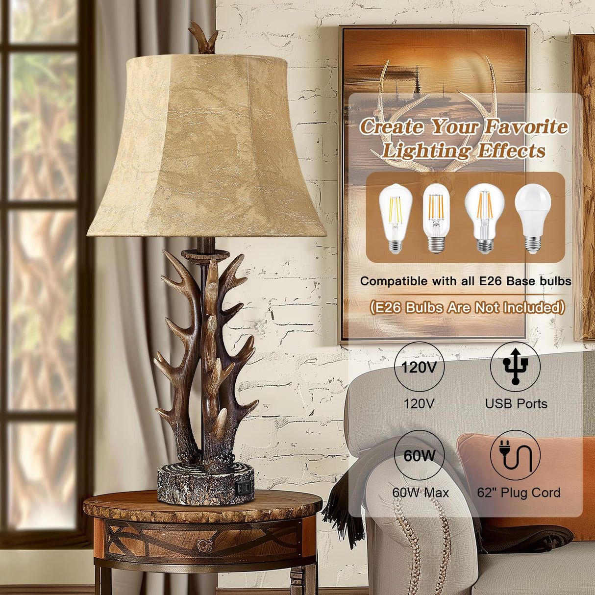 Antler Table Lamps Set of 2 with USB A+C Ports 28" Tall Rustic Farmhouse Deer Bedside Lamps with Faux Leather Bell Shade for Bedroom Living Room Office Decor Western Cabin End Table Lamp, Pull Chain BOOUCUU