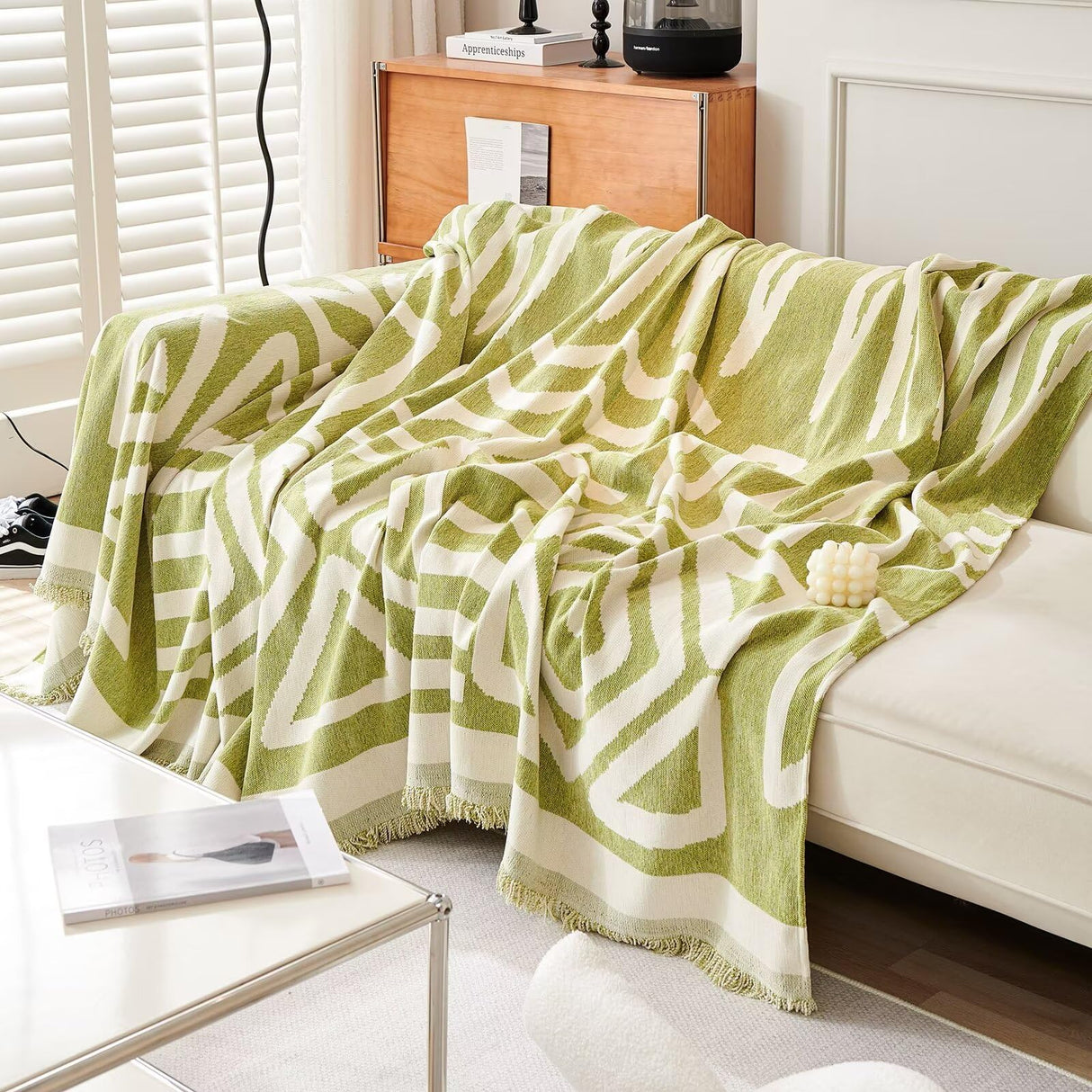 VClife Boho Couch Cover Non-slip Chenille Sectional Sofa Couch Cover for 2 Cushion Couch Sofa Modern Cream White Green Geometry Sofa Slipcover for Loveseat Washable Furniture Protector Cover 71"x 118" VClife