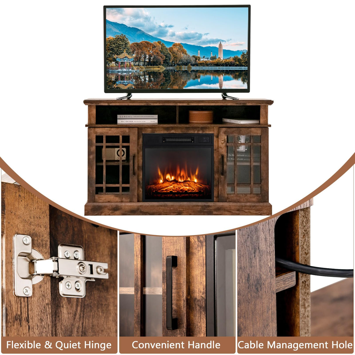COSTWAY Electric Fireplace TV Stand for TVs Up to 55 Inches, 18-Inch Fireplace Insert with Remote, Overheat Protection, 48-Inch Wooden Media Entertainment Center with Adjustable Shelves, Brown COSTWAY