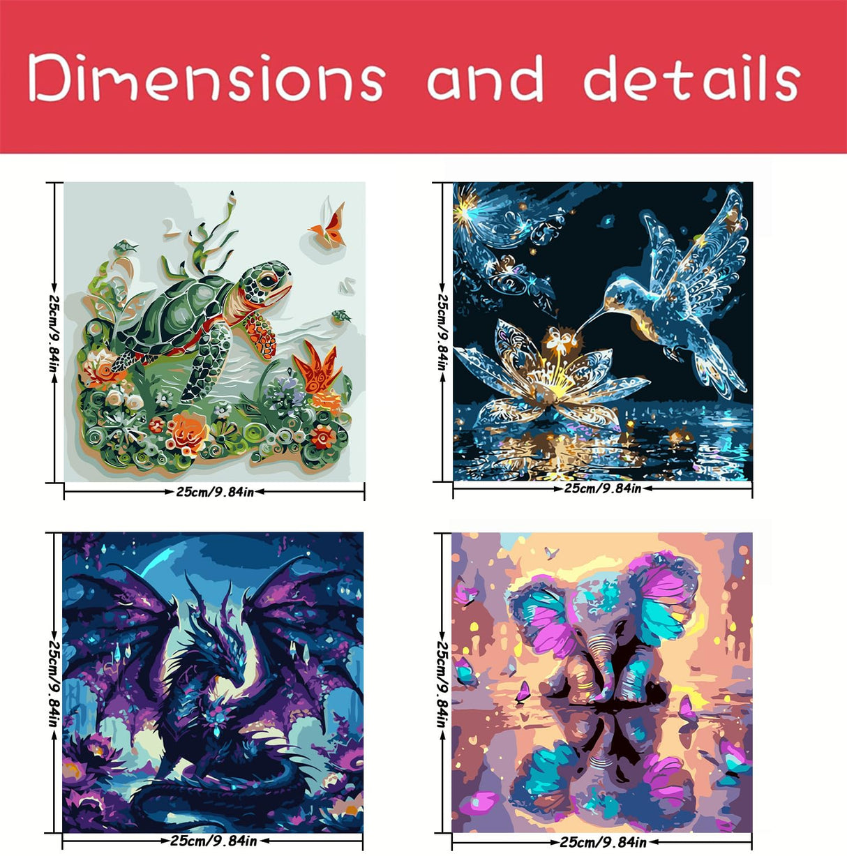 4 Pack Animals Paint by Numbers Kit for Adults Beginner,DIY Hummingbird Sea Turtle Painting by Numbers Kits,Dragon Elephant With Brushes and Acrylic Paint(With Frame),Home Wall Decor 10 x 10 in AREOPNMG