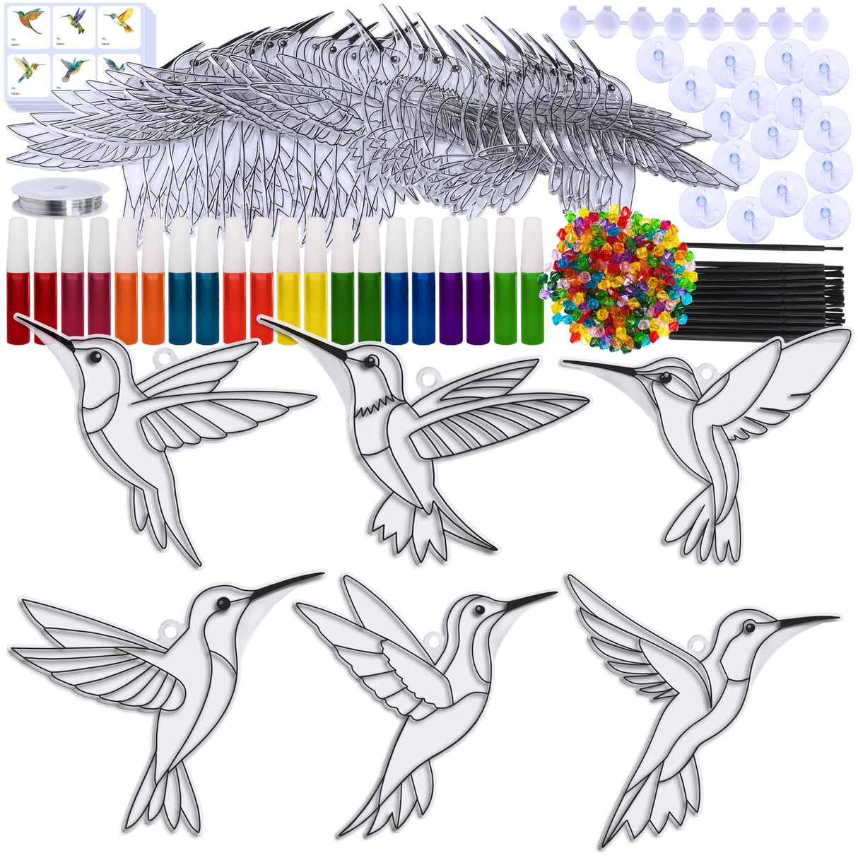 Winlyn 24 Sets Hummingbird Suncatcher Decorations DIY Window Paint Art Craft Kits Rainbow Bird Painting Kit for Kids Classroom Activities Birthday Spring Summer Camping Party Art Project Winlyn