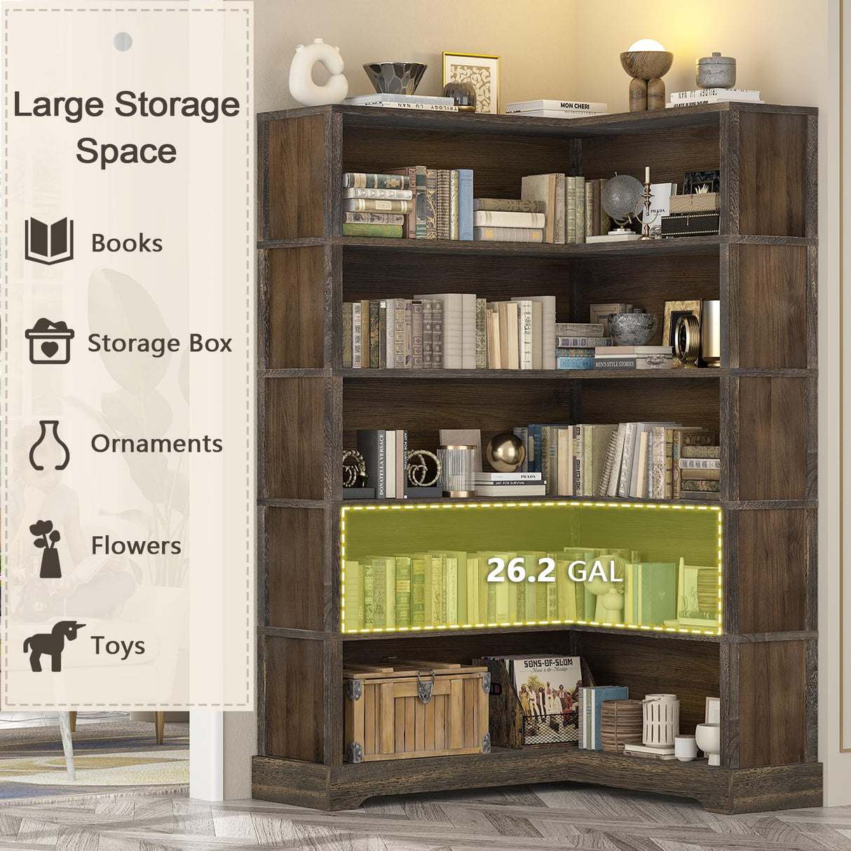 TVU Wood Corner Book Shelf, 5 Tier 65 Inch Tall Bookshelf with Storage, Floor Standing Display Book Shelf for Living Room, Kitchen, Home Office, Rustic Brown TVU