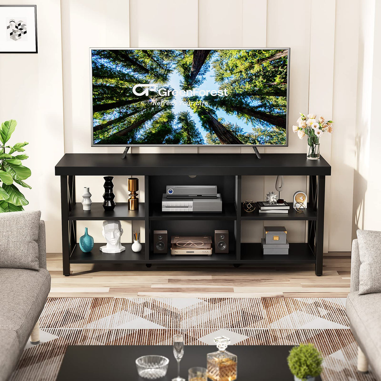 GreenForest TV Stand for TV up to 65 inches, Entertainment Center with 6 Storage Cabinet for Living Room, 55 inch Farmhouse Television Stands Console Table, Industrial TV stands for Living Room, Black GreenForest