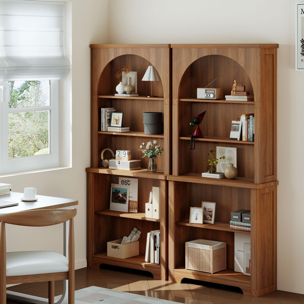 Janmer Home 71'' Tall Arched Bookshelf, Mid Century Modern Curved Bookcase with 5-Tier Storage Shelves, Freestanding Open Display Shelf for Home Office, Living Room (Walnut, 2PC) Janmer Home