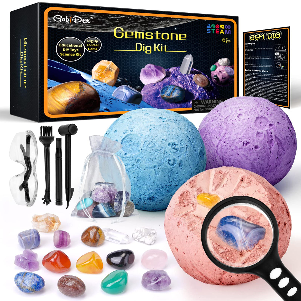 GobiDex Gemstones Dig Kit, Solar System Science Kit for Kids, Excavate 15 Real Gems, STEM Educational Space Toys Planet Collection Kit, Archaeology Geology Science Projects Gift for Boys&Girls Age 6+ GobiDex
