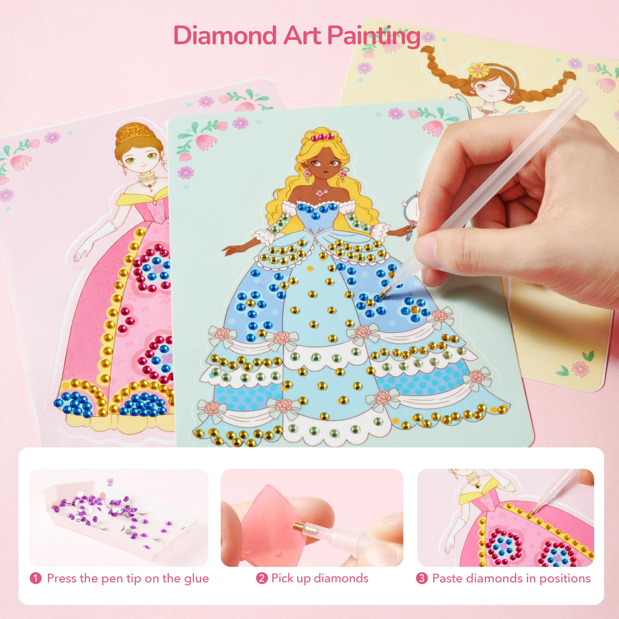 Mideer 4 in 1 Art Craft Kits for Kids, Princess Dress Up Game Set with Diamond Painting & Scratch Paper Art, Paper Fantasy Makeup Activity Art Craft Kits for Girls Age 3 4 5 6 7 8 MiDeer