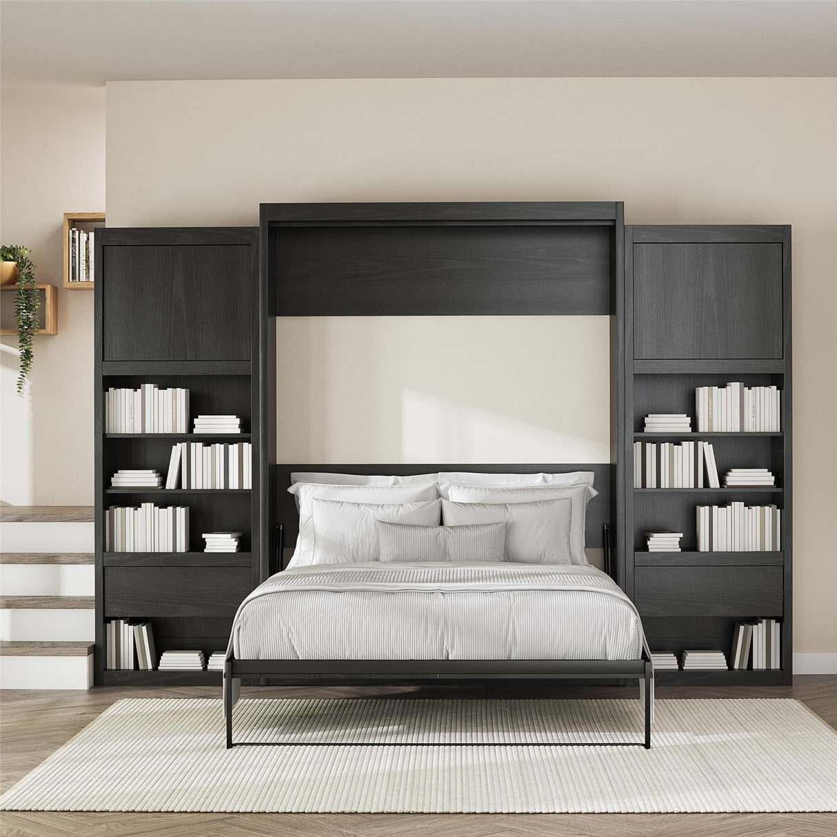 REALROOMS Halstead Queen Size Murphy Bed with 2 Nightstand Cabinets, Space-Saving Fold-Out Wall Bed with Open Shelving and Concealed Storage for Bedroom or Guest Room, Black Oak REALROOMS