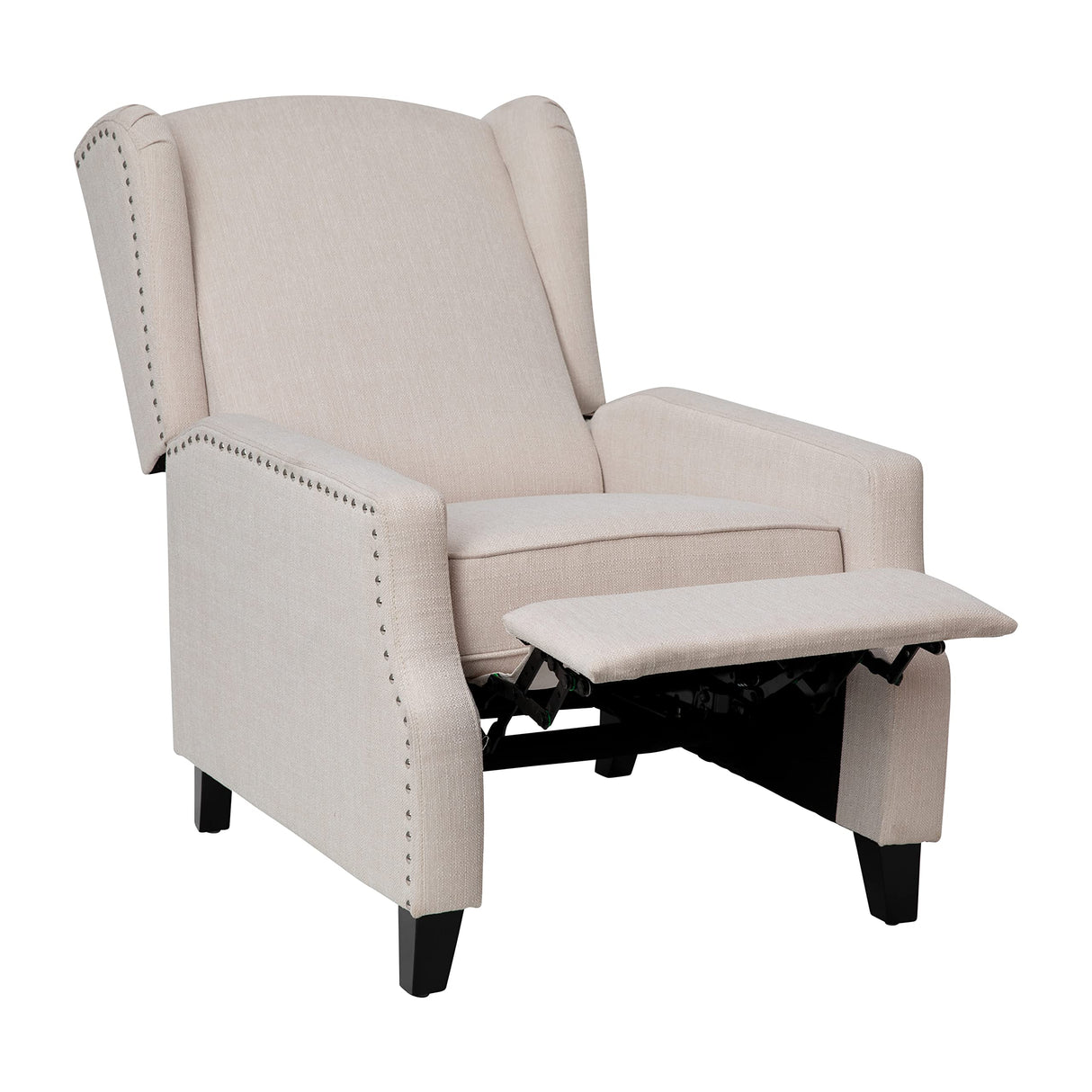 BizChair Traditional Style Slim Push Back Recliner Chair-Wingback Recliner with Cream Fabric Upholstery-Accent Nail Trim BizChair