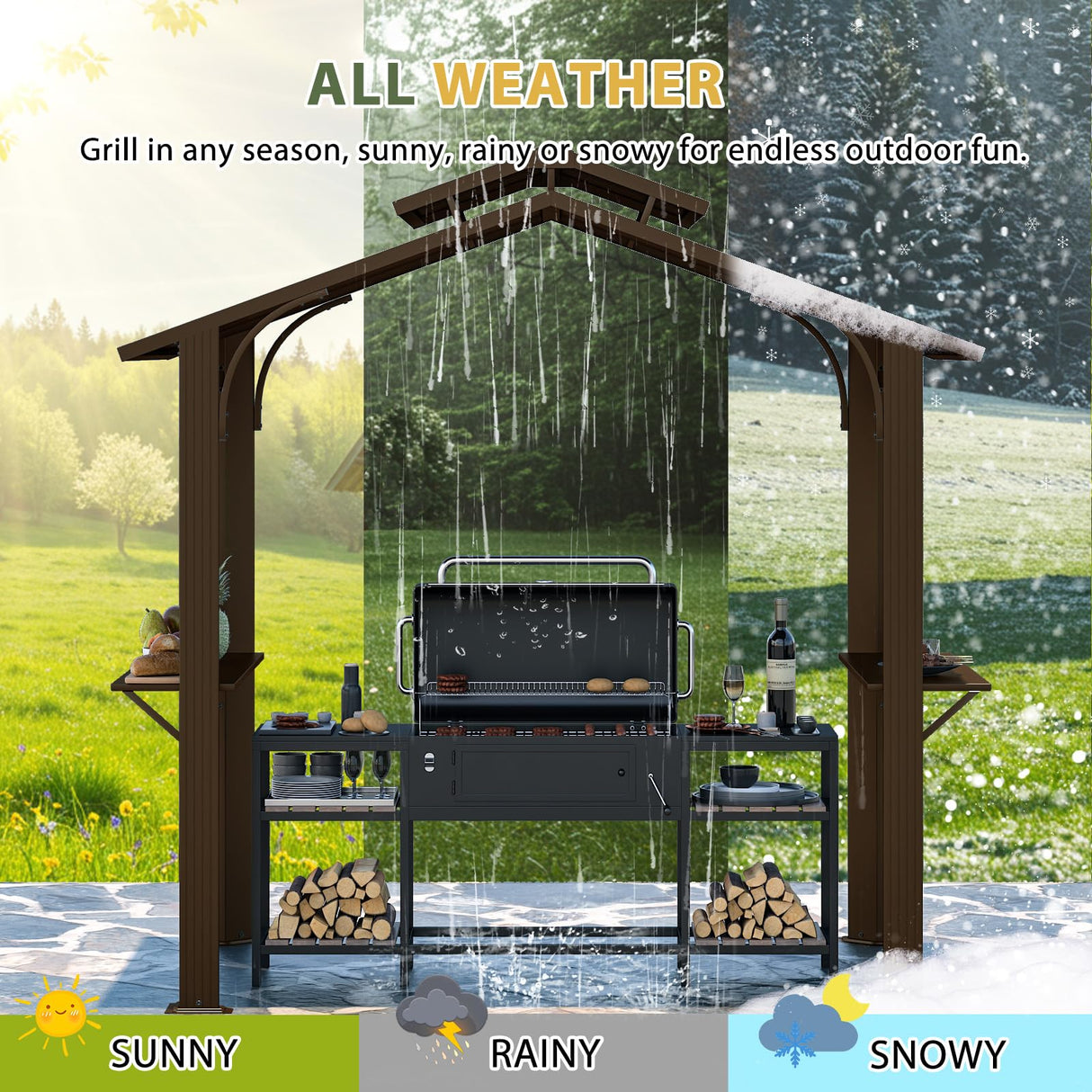 EROMMY 8' x 5' Hardtop Grill Gazebo, Outdoor Metal BBQ Gazebo with Double Galvanized Steel Gable Roof, Permanent Grill Canopy with Side Shelves for Patio Deck Lawn Backyard Garden (Brown) EROMMY