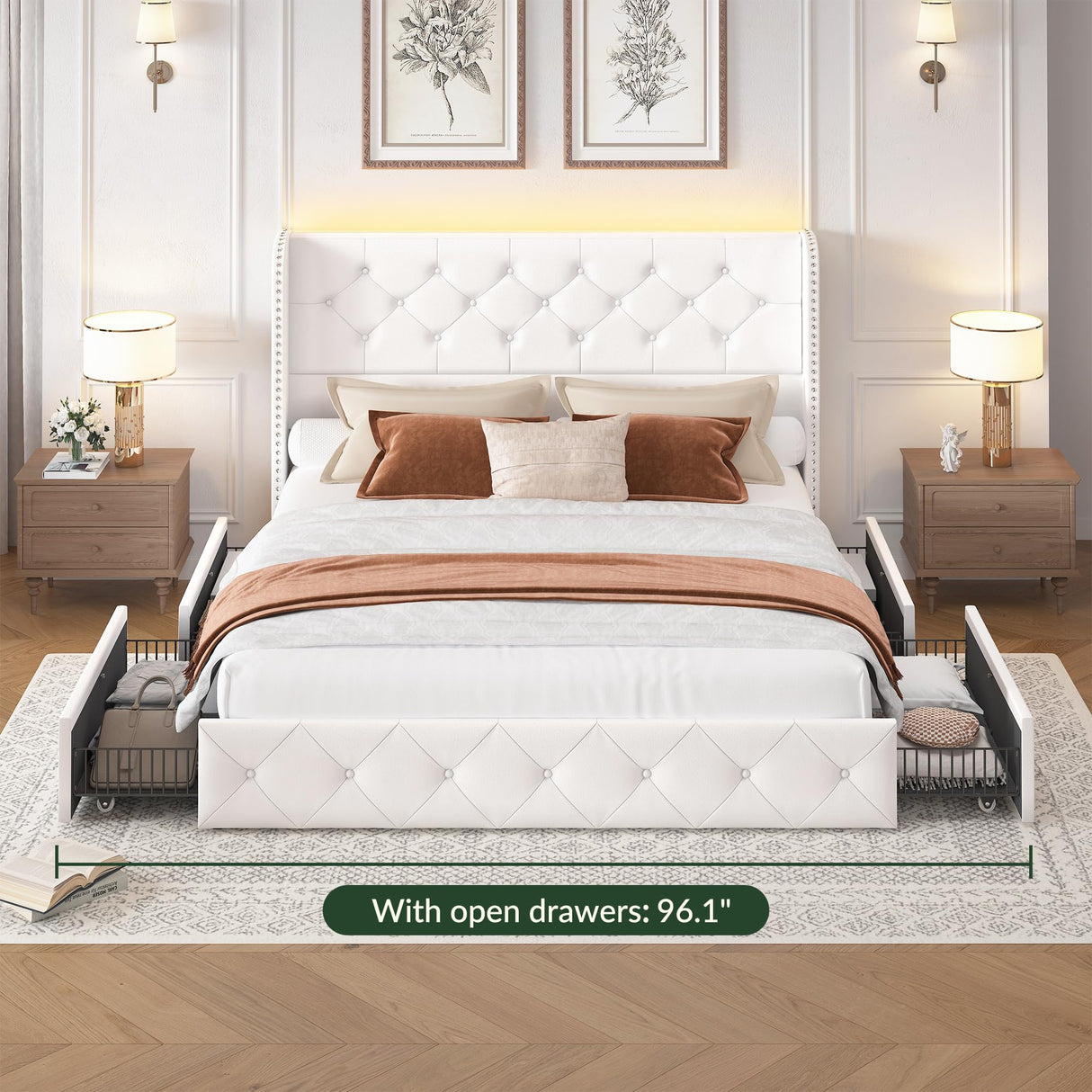 LARMACE Queen Size Bed Frame with Storage Drawers and Tufted Headboard Velvet Upholstered Platform Bed Frame with LED Light Wingback Beds with Wooden Slats Support, Easy Assembly, White LARMACE