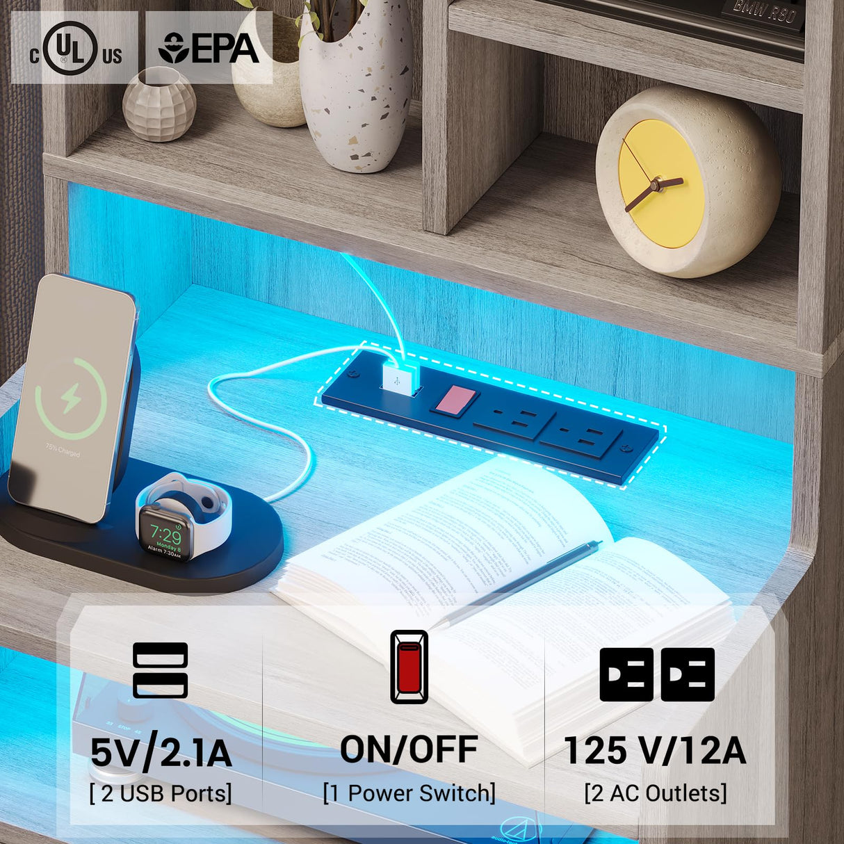 BTHFST Grey Tall Nightstand Set of 2 with LED Lights and Charging Station BTHFST