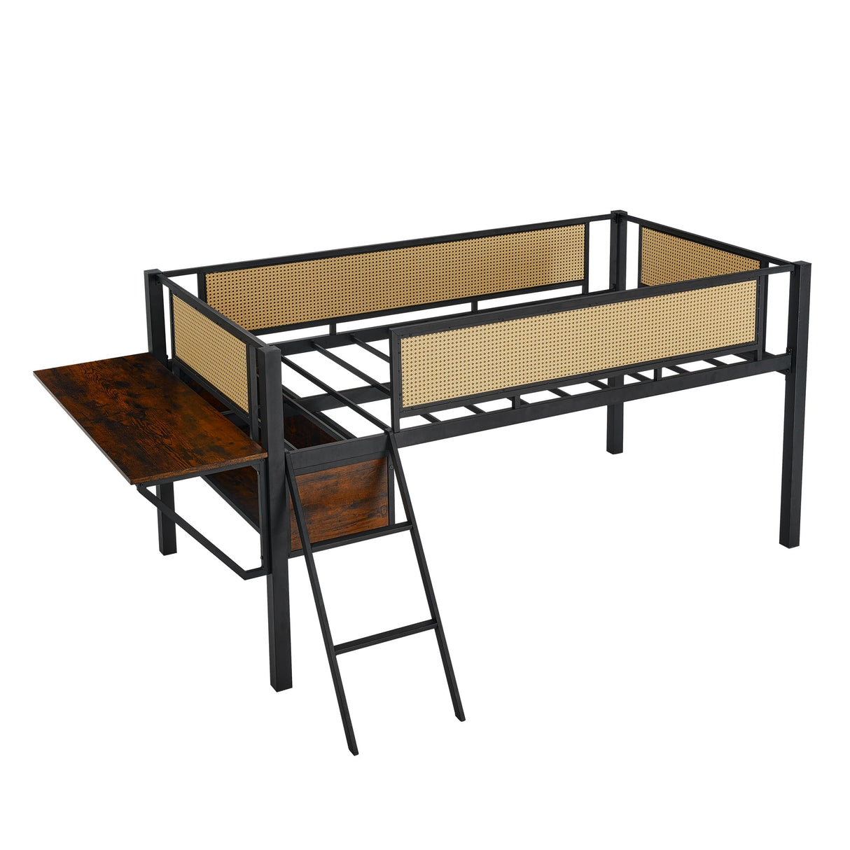 Bellemave Twin Loft Bed with Desk, Gaming mid loft Bed with Desk, LED, Low loft Bed for Adults, Teens, Kids, Twin loft Bed with Storage Space, Black+Brown Bellemave