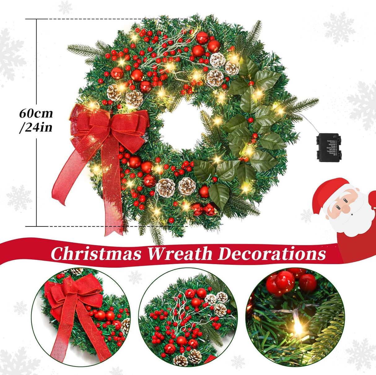24In Prelit Christmas Wreath with 50 LED Lights, Large Christmas Wreath for Front Door Wreaths with Berries, Pine Cones for Door Fireplace Window Mantle Christmas Decoration Beinhome