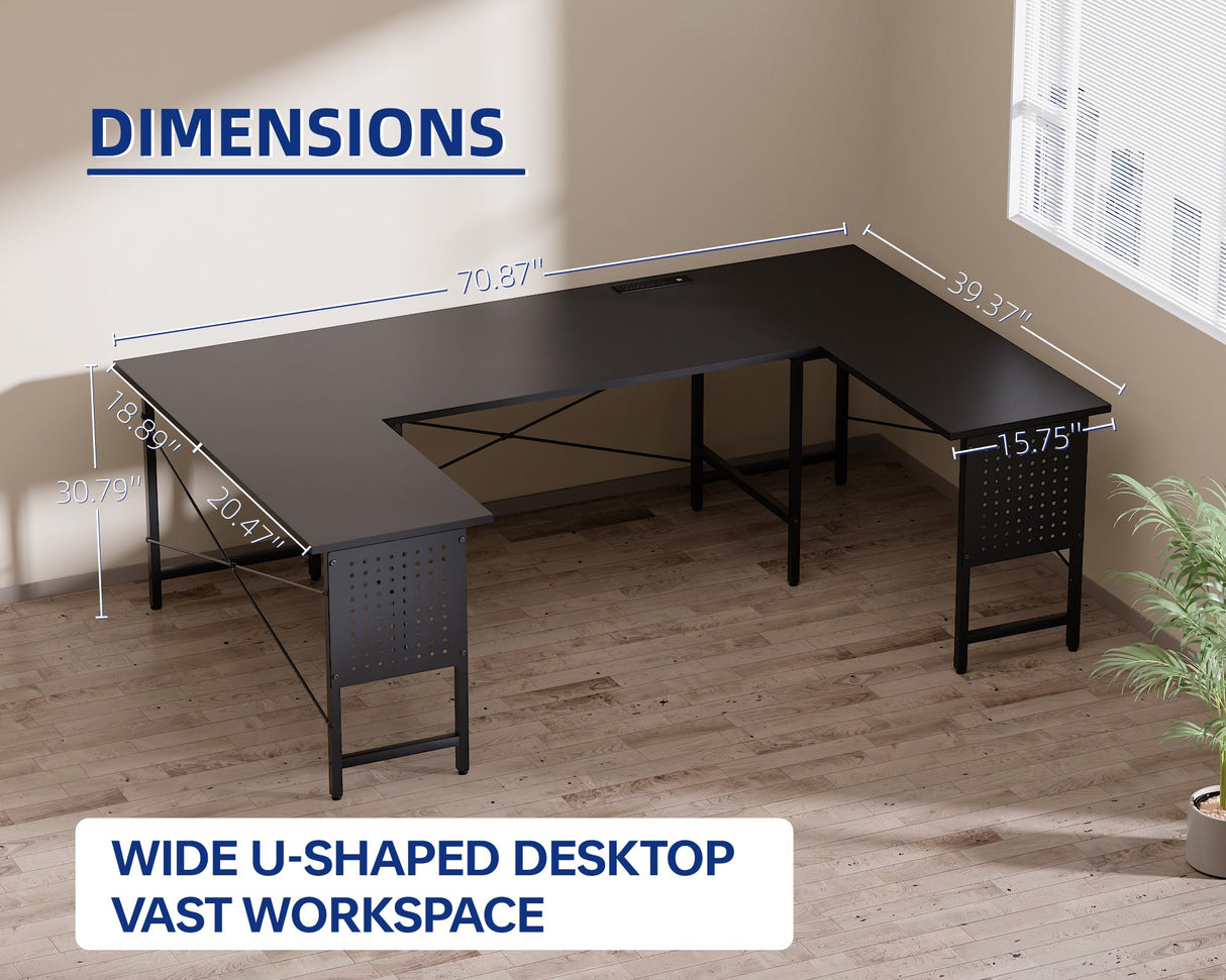 Pamray 71 Inch Large Computer Desk with Power Outlets,U Shaped Corner Desk for Home Office Work and Gaming White Pamray