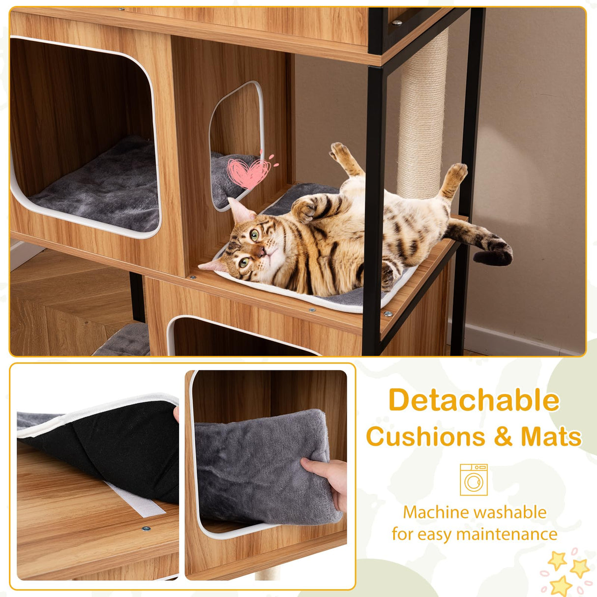 PETSITE 52 Inch Wood Cat Tree for Indoor Cats, Multi-Level Solid Metal Framed Wooden Cat Tower with Sisal Scratching Posts and Pad, 3 Condos, and Top Platform with Cat Hole PETSITE