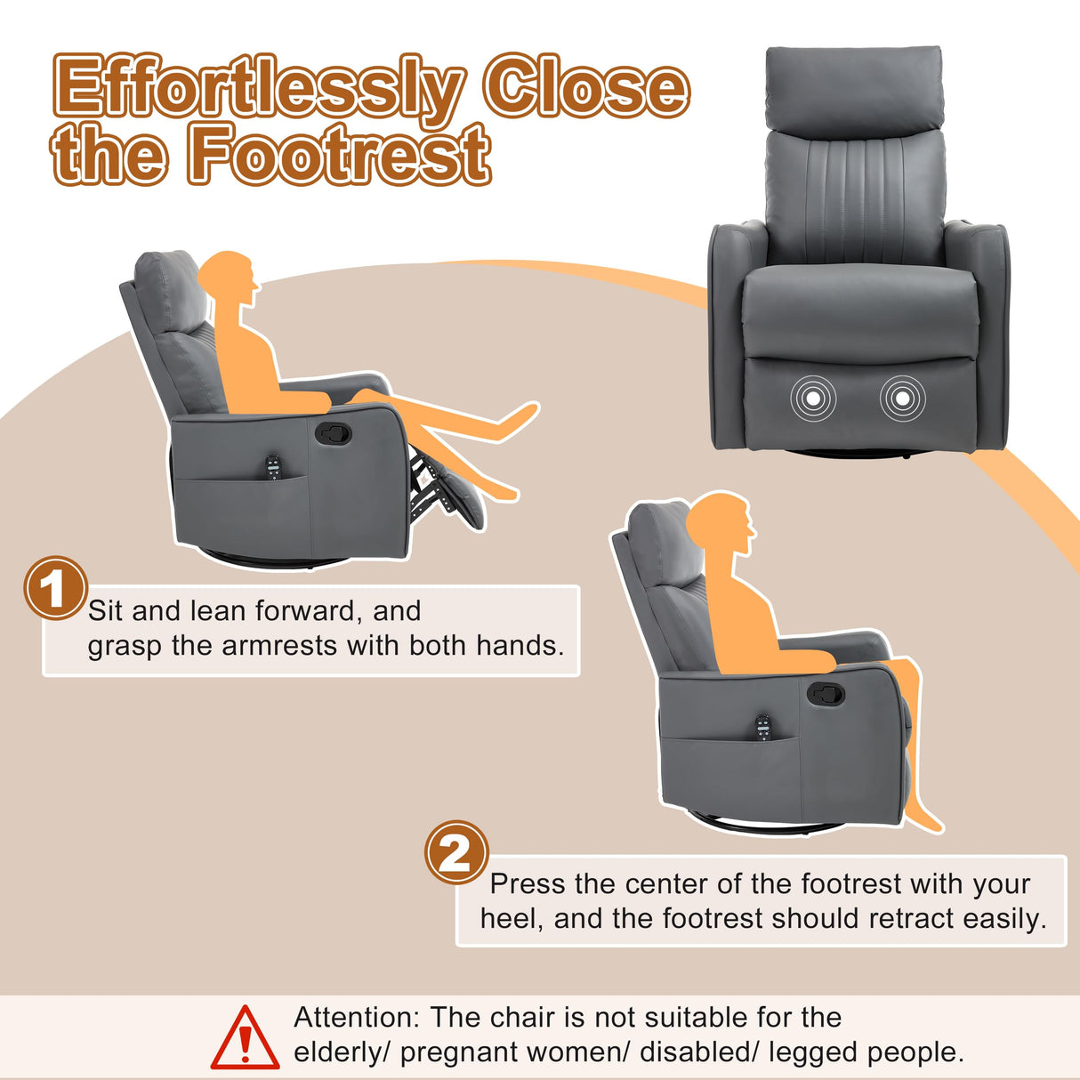 Manual Swivel Rocker Recliner Chair for Adults, Overstuffed Recliner Glider with Massage and Heat, Living Room Reclining Chair, PU Leather Gray Luxlen