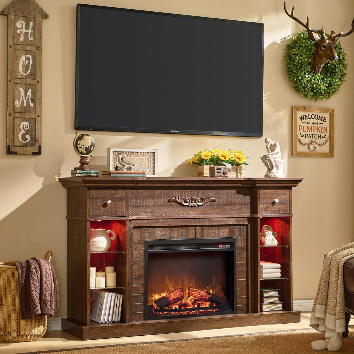 IFBUY 54" Farmhouse Electric Fireplace with Mantel, 33" Tall LED Fireplace TV Stand w/7 Lighting Colors, 23'' Freestanding Electric Fireplace Heater, Open Adjustable Shelves & Drawers, Brown IFBUY