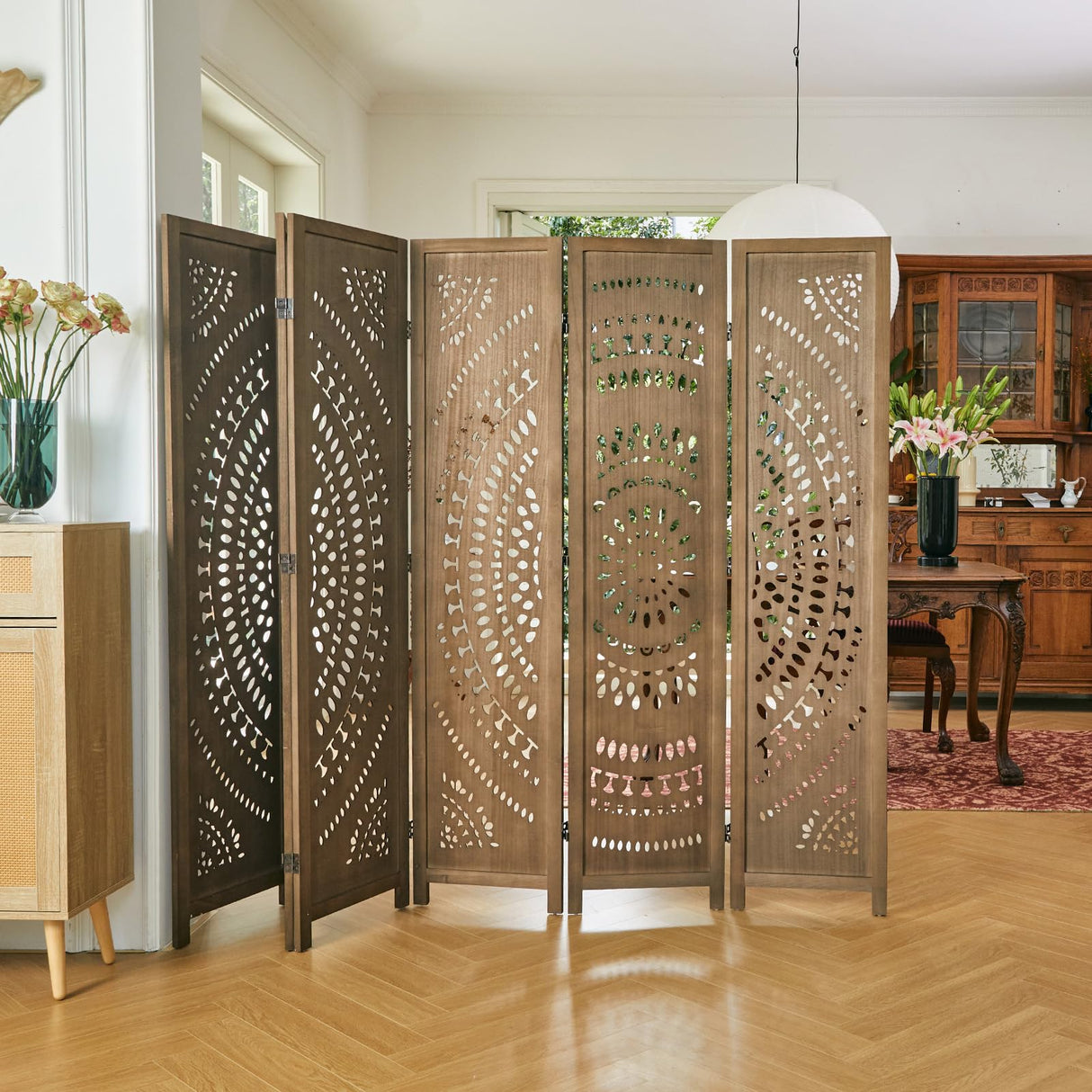 66.9Inch Folding Room Divider, 6 Panels Wood Carved Privacy Screens Free Assembled Freestanding Partition for Bedroom Home Office (Brown) Svimi