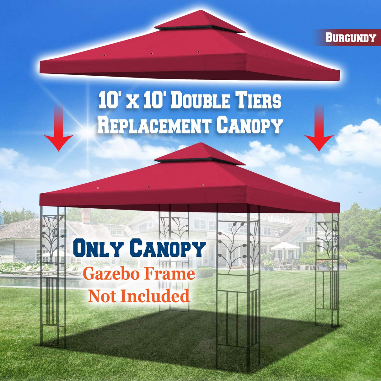 BenefitUSA Canopy ONLY 10'X10' Replacement Gazebo Canopy top Patio Pavilion Cover Sunshade plyester Double Tiers-Burgundy BenefitUSA