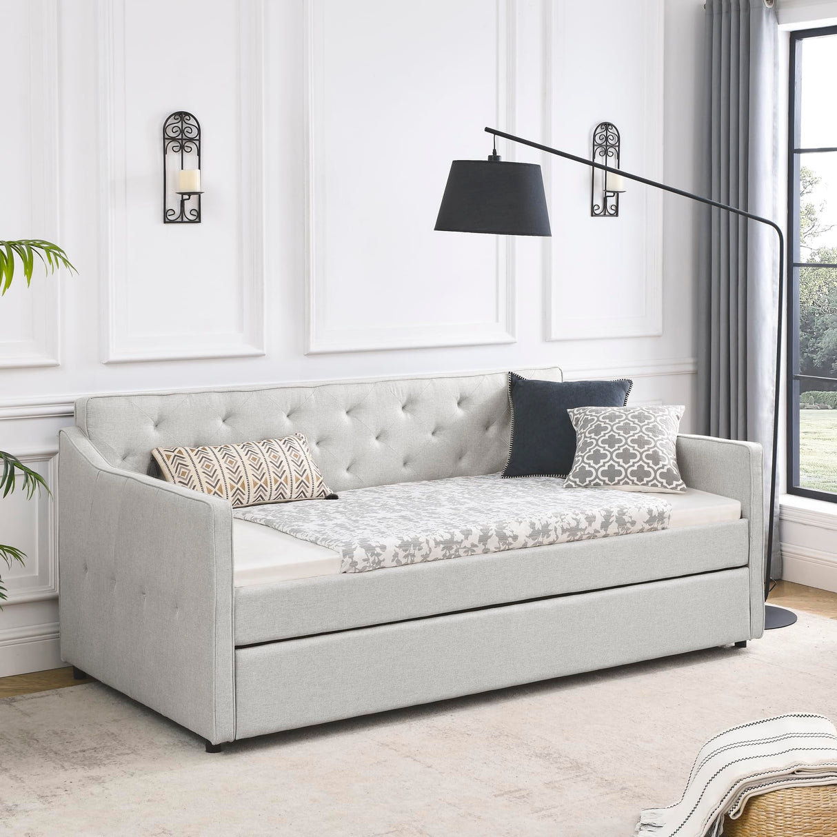 SLEERWAY Daybed with Trundle, Linen Upholstered Tufted Twin Size Day Bed Pull-Point Sofa Daybed Frame with Twin Roll-Out Trundle, No Box Spring Needed, Furniture for Bedroom, Living Room, Beige SLEERWAY
