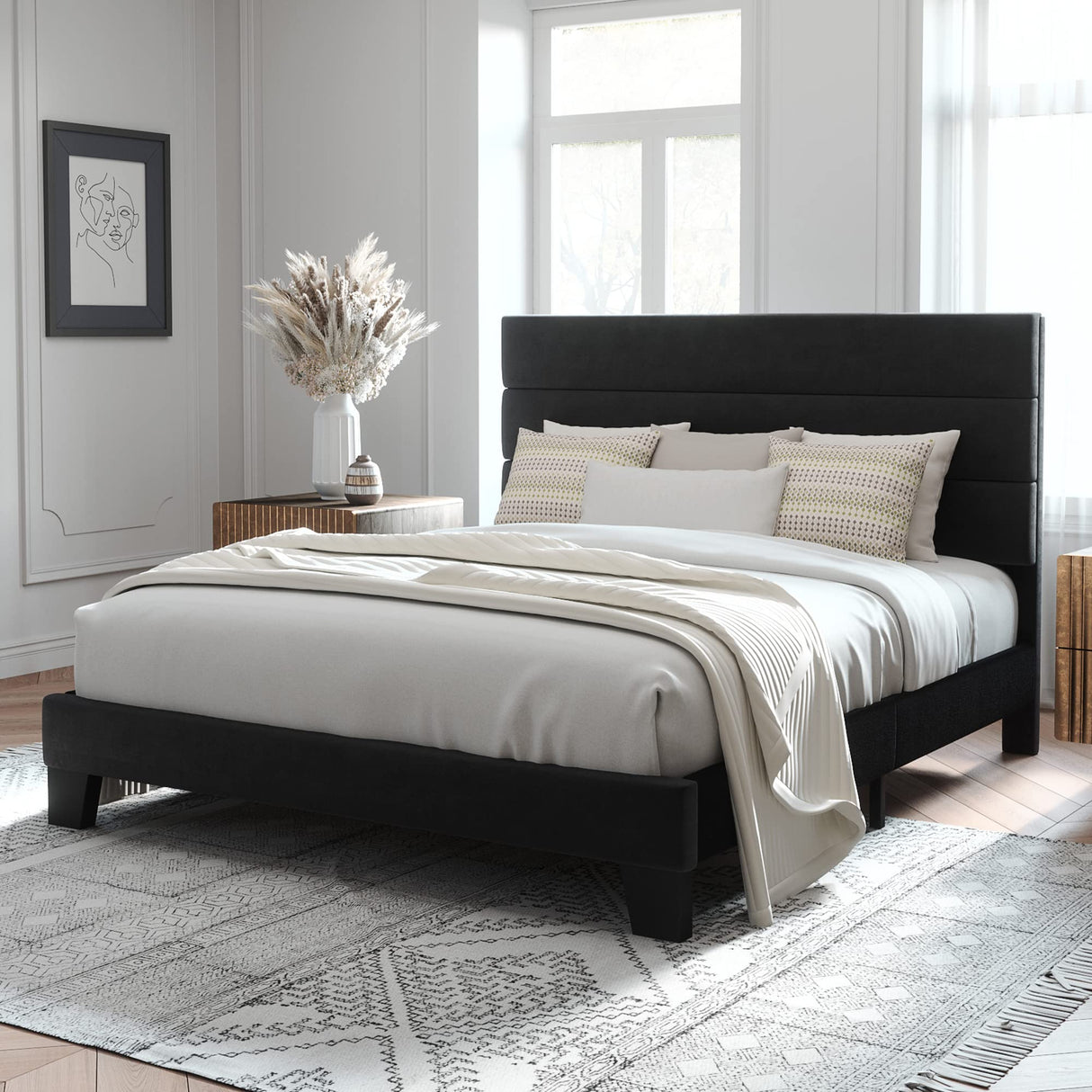 Allewie Full Size Platform Bed Frame with Velvet Upholstered Headboard and Wooden Slats Support, Fully Upholstered Mattress Foundation/No Box Spring Needed/Easy Assembly, Black Allewie