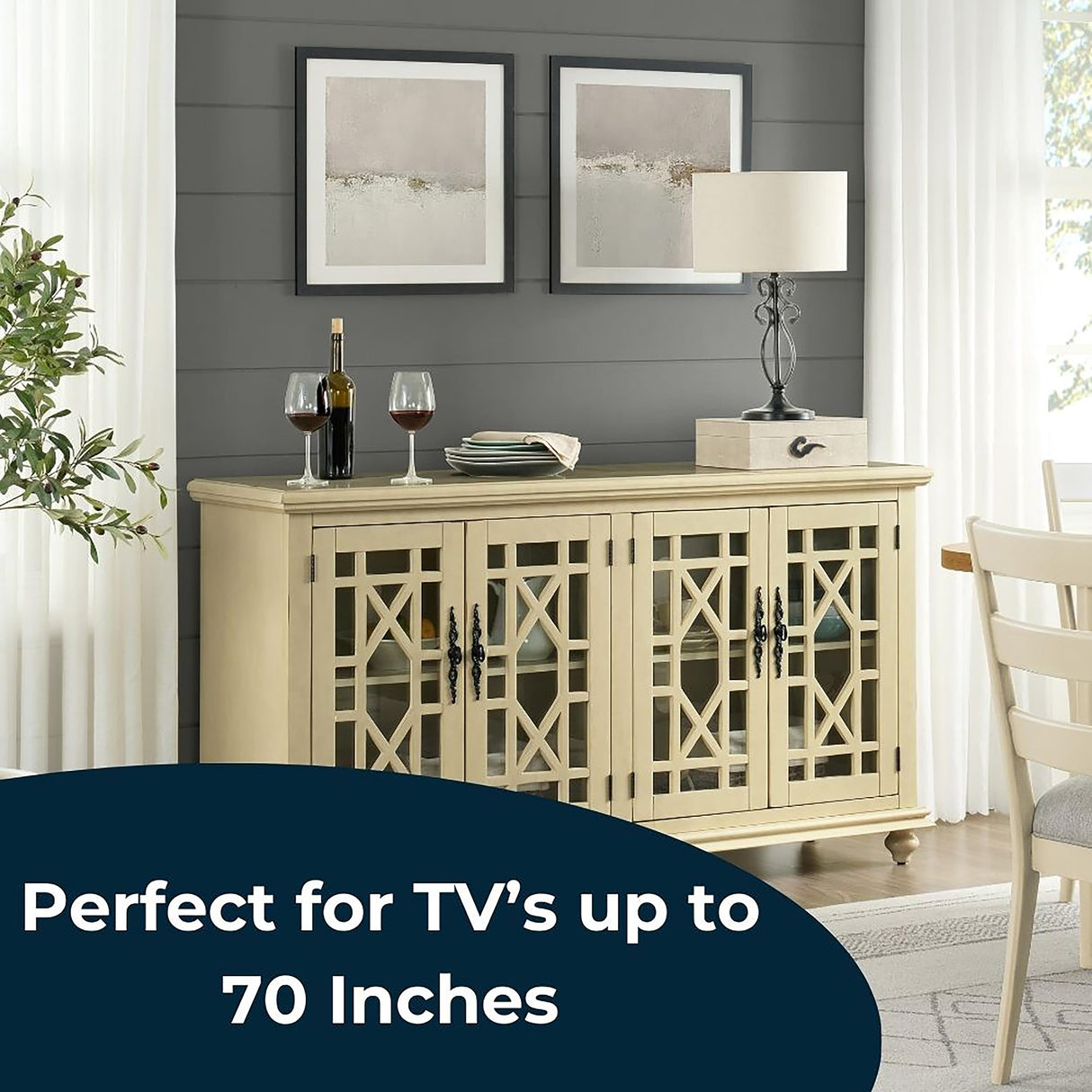 Martin Svensson Home Orsey 63" Solid Wood TV Stand - Antique Cream White Finish - Rustic Style and Parisian Design Inspired - with Two Spacious Cabinets with Adjustable Shelves for Storage. Martin Svensson Home