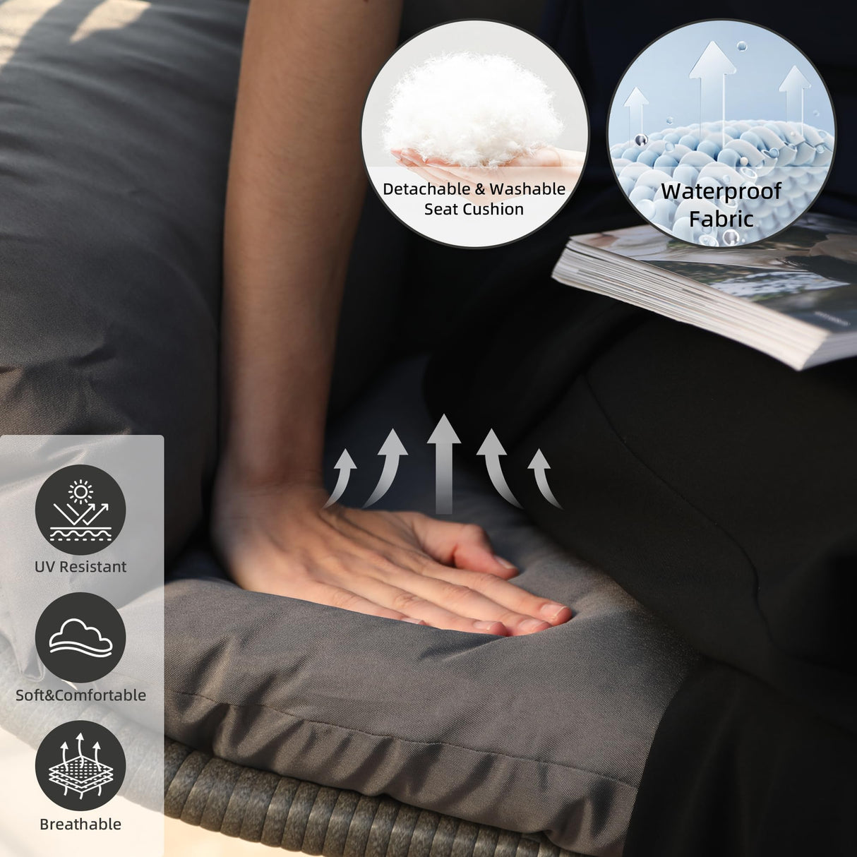 DoubleTT Egg Chair with Stand, Swing Chair Hanging Chair Nest Basket, UV Resistant Removable & Washable Cushions,350LBS Capacity for Bedroom, Balcony, Garden DoubleTT