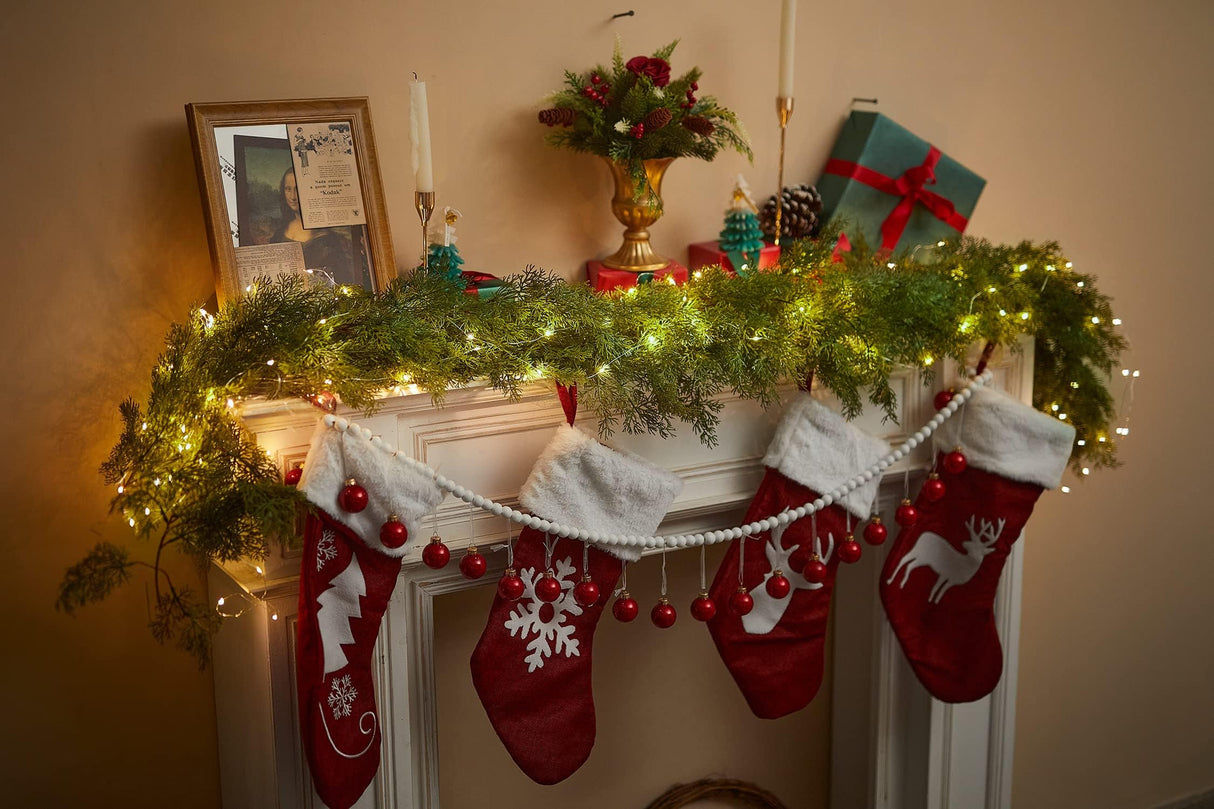 6FT Christmas Garland PARTY JOY Cedar Garland with 9.8FT LED Lights String, Greenery Plant for Christmas Decorations Table Mantle Background Wall Room Outdoor Indoor Winter Decoration PARTY JOY