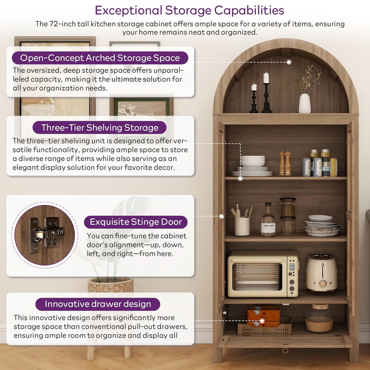 TYBOATLE 71" Tall Arched Pantry Cabinet with Innovative Drawer, Kitchen Cabinet with Anti-Tipping Device and Glass Door, Versatile Cupboard for Kitchen, Dining, Natrual TYBOATLE