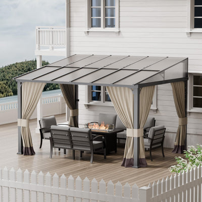 ASJMR 10x12FT Gazebo, Hardtop Wall Mounted Gazebo with Sloping Sun Panel Roof, Awnings for Patio with Metal Frame, Double Curtains for Garden, Lawn, Backyard Deck, Sand