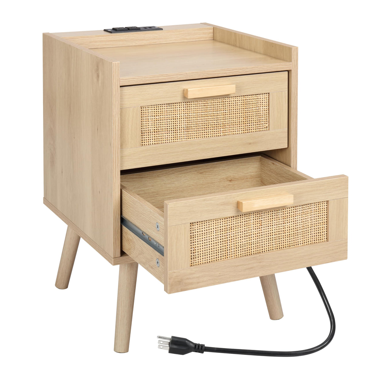 Finnhomy Nightstand with Charging Station, Bedside Table with 2 Hand Made Rattan Decorated Drawers, Night Stand with Storage for Bedroom, Natural Finnhomy