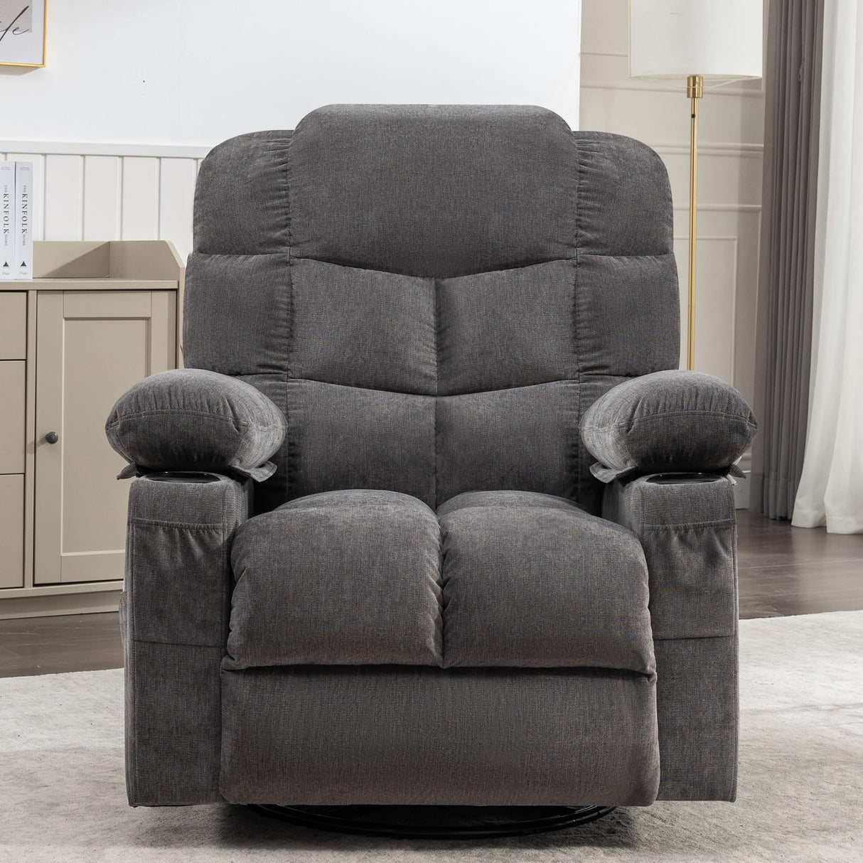 Oversized Massage Swivel Recliner Chair with Lumbar Heating for Living Room Rocker Recliner Single Sofa with Cup Holders and USB Charge Port, Large Big Chair Recliners for Adult MAHOMICO